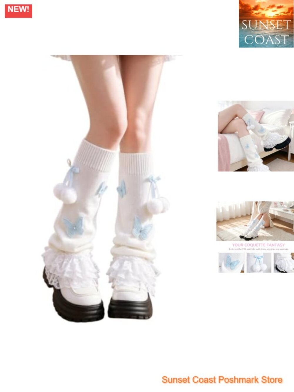 Knit Bow Leg Warmers Lolita Cosplay Butterfly Lace Ruffle